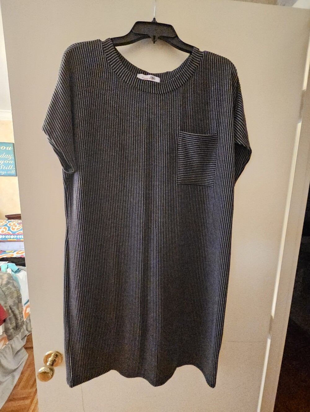 Striped Knit Shift Dress with Chest Pocket - Black & White